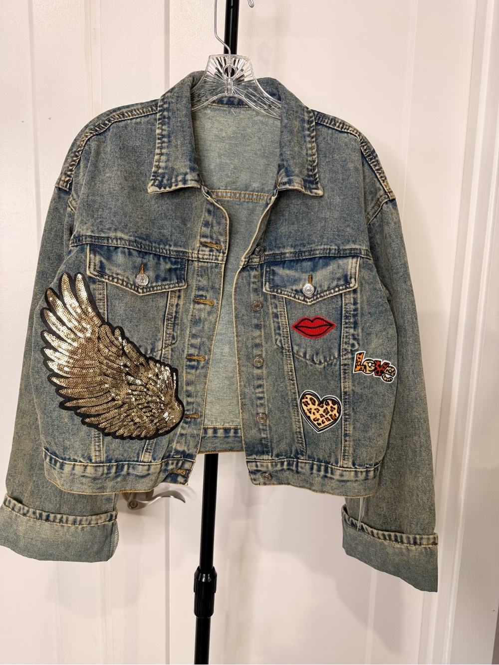 Handmade Light Blue Washed Denim Jacket with Gold Wing Patch & Red Lip
